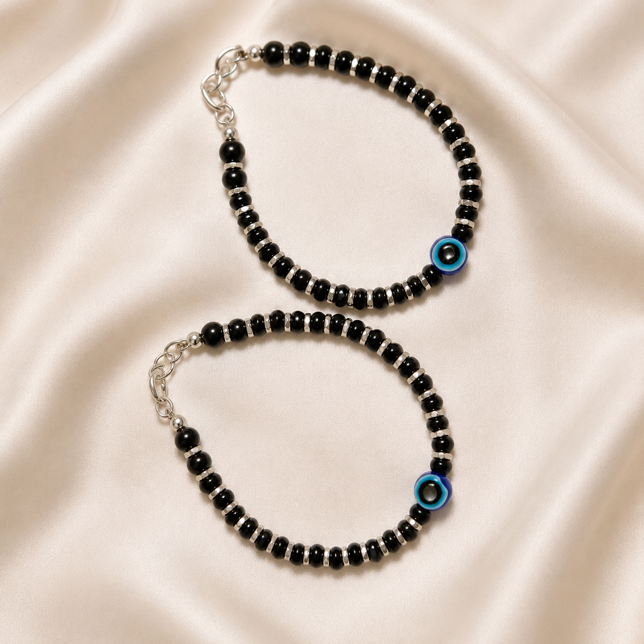 Classic Blue Evil Eye Silver 925 Baby Nazariya | Protective Black Bead Bracelets for Infants | Set of 2