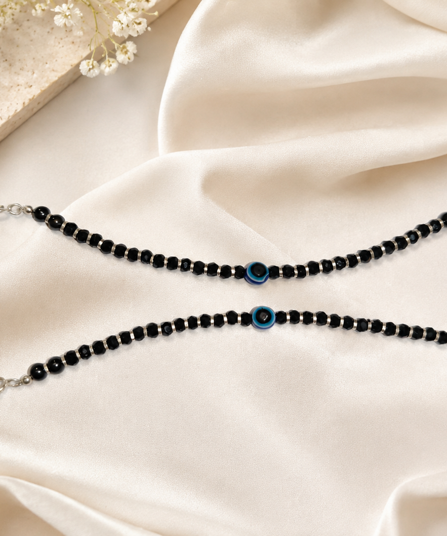 Classic Blue Evil Eye Silver 925 Baby Nazariya | Protective Black Bead Bracelets for Infants | Set of 2