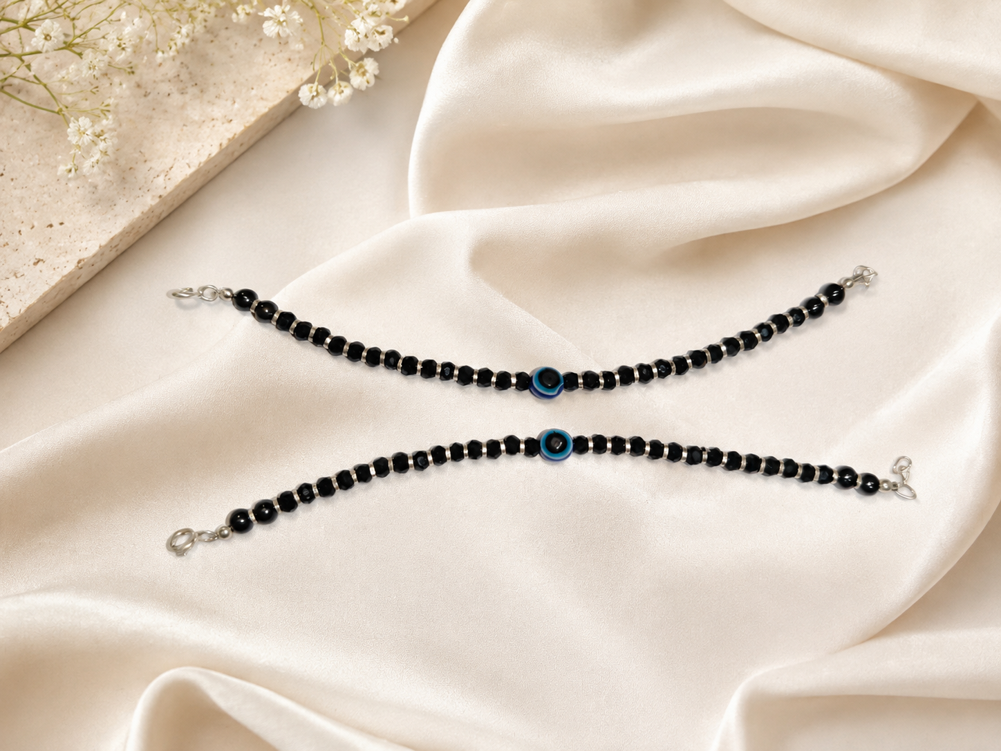 Classic Blue Evil Eye Silver 925 Baby Nazariya | Protective Black Bead Bracelets for Infants | Set of 2