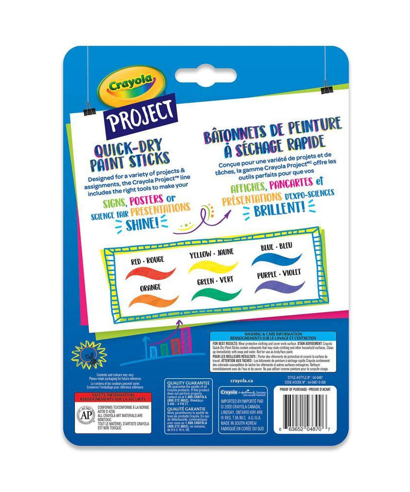 Crayola Project Quick-Dry Paint Sticks - 6 Vibrant Colors for Kids | Dries in Under 60 Seconds | Mess-Free Poster Paints for Signs, Posters & Crafts