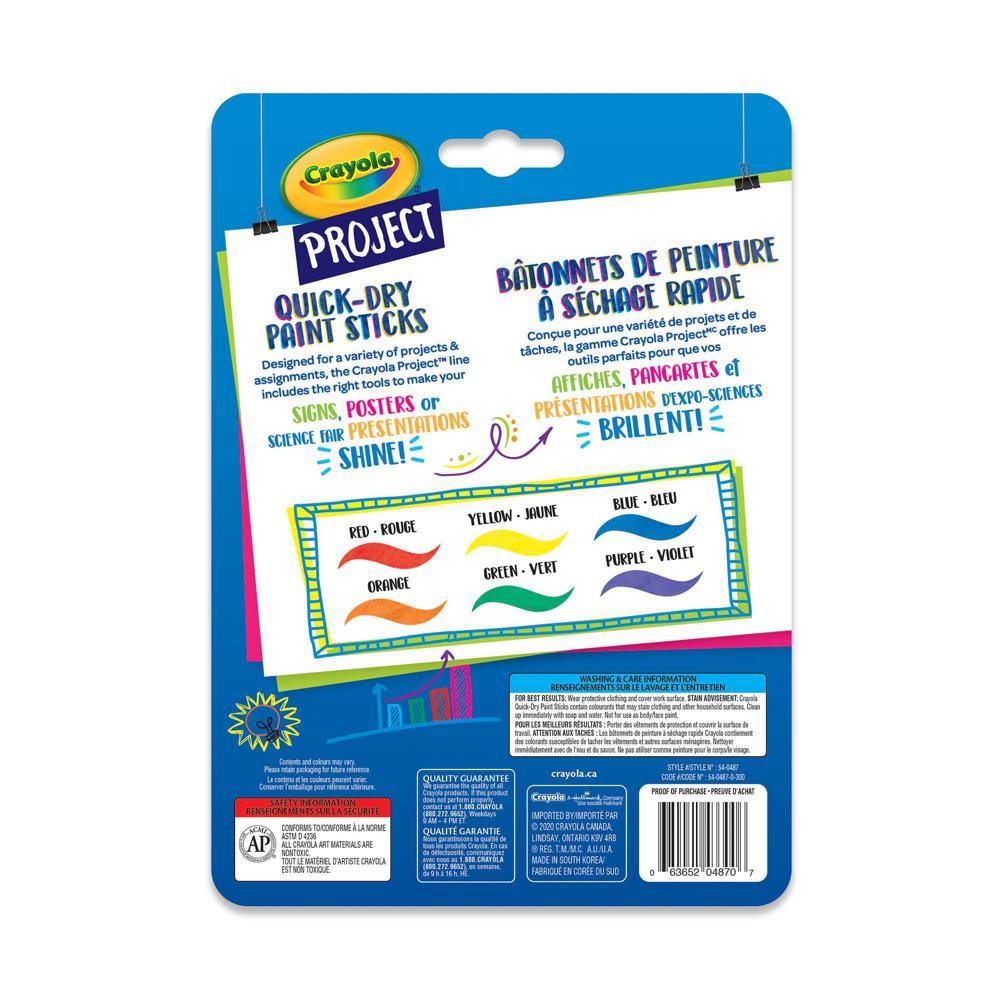 Crayola Project Quick-Dry Paint Sticks - 6 Vibrant Colors for Kids | Dries in Under 60 Seconds | Mess-Free Poster Paints for Signs, Posters & Crafts