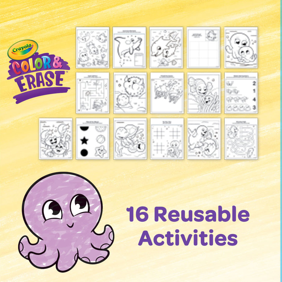 Crayola Color & Erase Under the Sea Activity Pad with Washable Markers | 8 Dual-Sided Reusable Coloring Pages | Ocean-Themed Art Set for Kids 3+ | Mess-Free & Travel-Friendly Drawing Kit