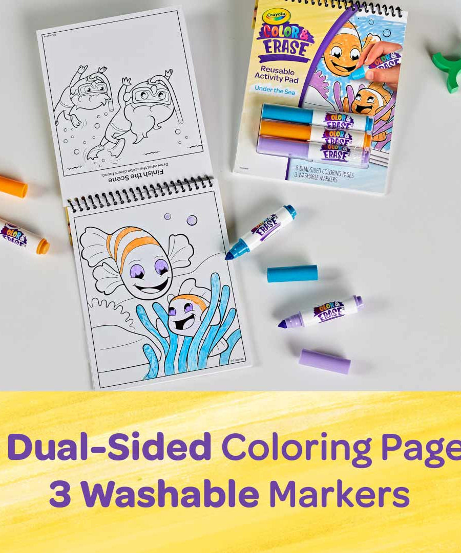 Crayola Color & Erase Under the Sea Activity Pad with Washable Markers | 8 Dual-Sided Reusable Coloring Pages | Ocean-Themed Art Set for Kids 3+ | Mess-Free & Travel-Friendly Drawing Kit - MINIMEE KIDS