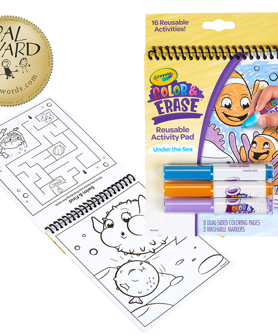 Crayola Color & Erase Under the Sea Activity Pad with Washable Markers | 8 Dual-Sided Reusable Coloring Pages | Ocean-Themed Art Set for Kids 3+ | Mess-Free & Travel-Friendly Drawing Kit - MINIMEE KIDS