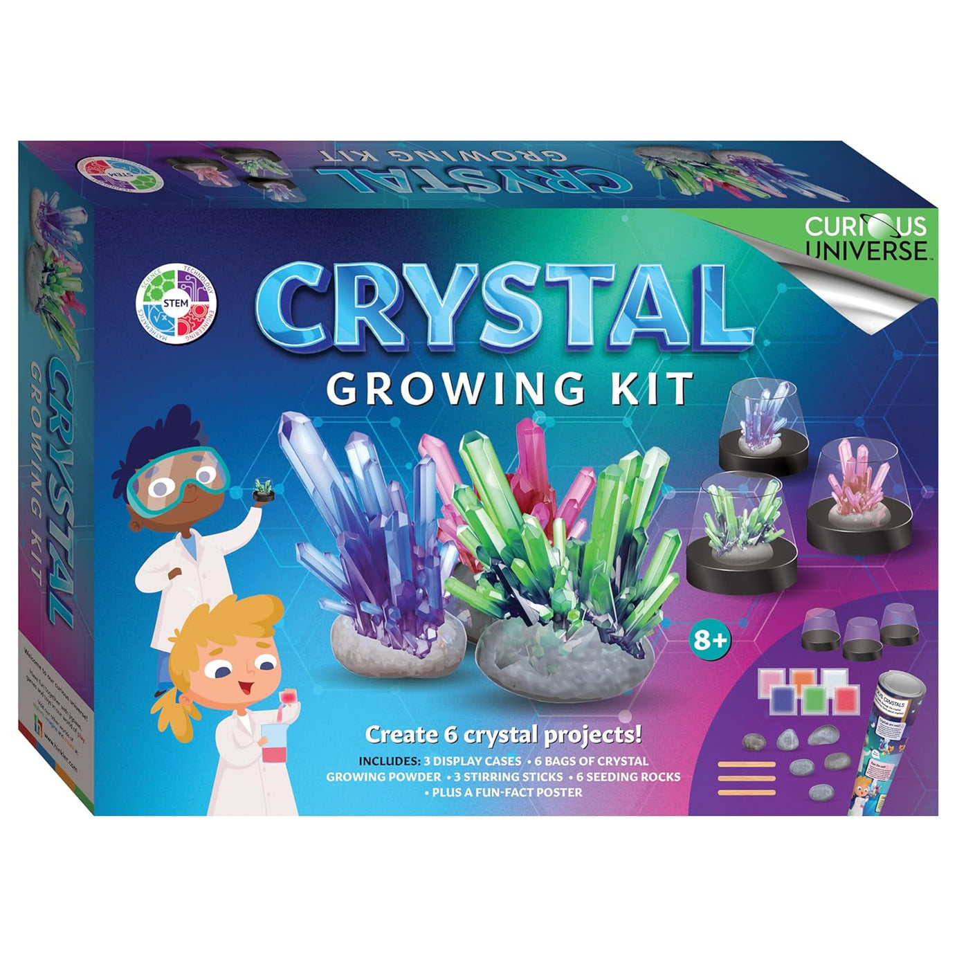 Hinkler Curious Universe Crystal Growing Kit - Create 6 Crystal Projects with Fun-Fact Poster | STEM Toys