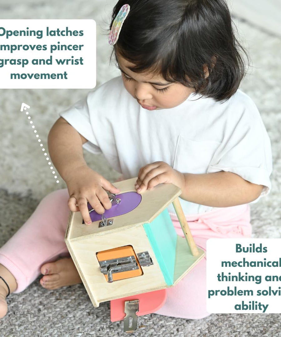Curious Cub Latches and Locks | Montessori Lock & Key Box | Fine Motor Skill Development Toy for 21 Months+ | Wooden Sensory Learning Toy