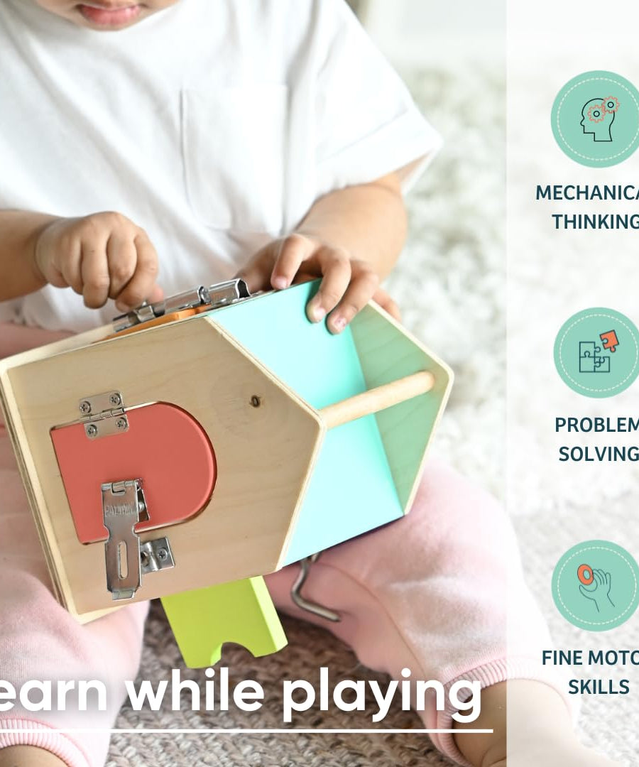Curious Cub Latches and Locks | Montessori Lock & Key Box | Fine Motor Skill Development Toy for 21 Months+ | Wooden Sensory Learning Toy