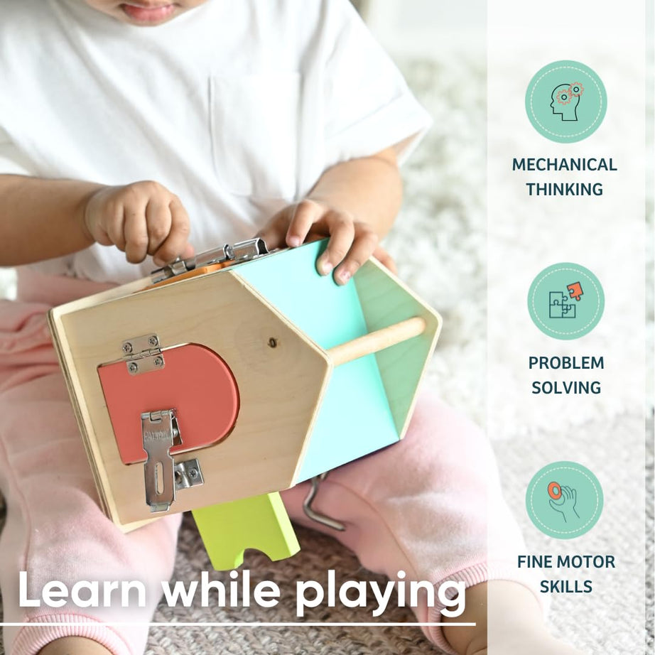 Curious Cub Latches and Locks | Montessori Lock & Key Box | Fine Motor Skill Development Toy for 21 Months+ | Wooden Sensory Learning Toy
