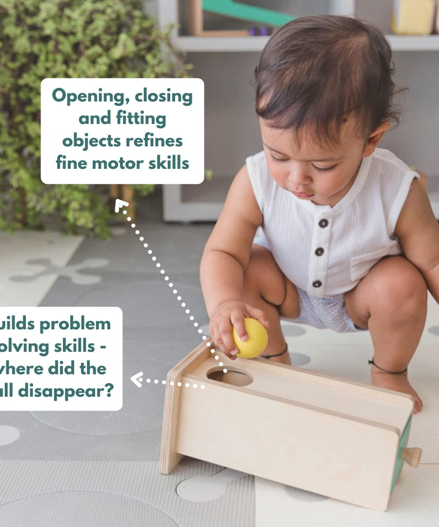 Curious Cub Wooden Object Permanence Box with Drawer, Montessori-Inspired Educational Toy for Babies 9 Months+ | Develops Fine Motor Skills, Hand-Eye Coordination & Early Logic - MINIMEE KIDS