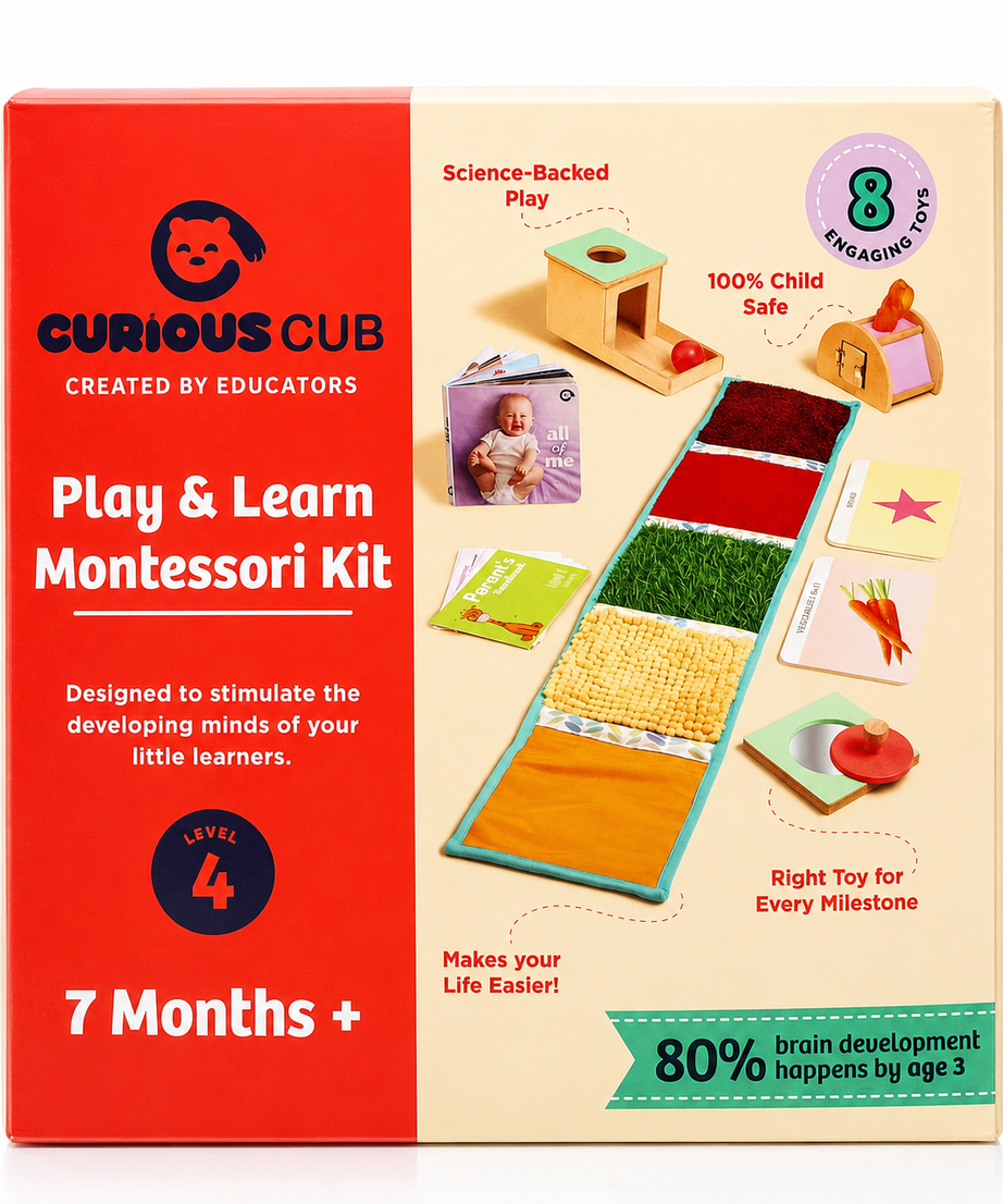 Curious Cub Level 4 Play & Learn Montessori Kit (7 Months+) | 8-Piece Developmental Toy Set for Object Permanence, Motor Skills & Sensory Exploration | minimee kids