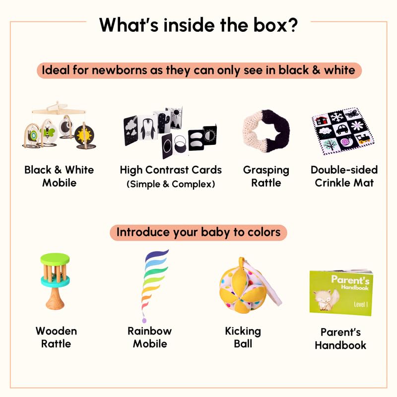 Curious Cub Play & Learn Montessori Kit | Level 1 for 0-3 Months | 9 Engaging Sensory & Developmental Toys for Newborns | High Contrast, Auditory & Motor Skill-Boosting Playset | Made in India