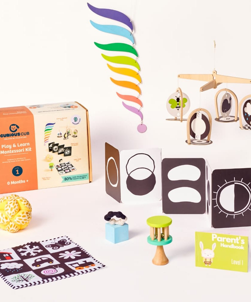 Curious Cub Play & Learn Montessori Kit | Level 1 for 0-3 Months | 9 Engaging Sensory & Developmental Toys for Newborns | High Contrast, Auditory & Motor Skill-Boosting Playset | Made in India - MINIMEE KIDS