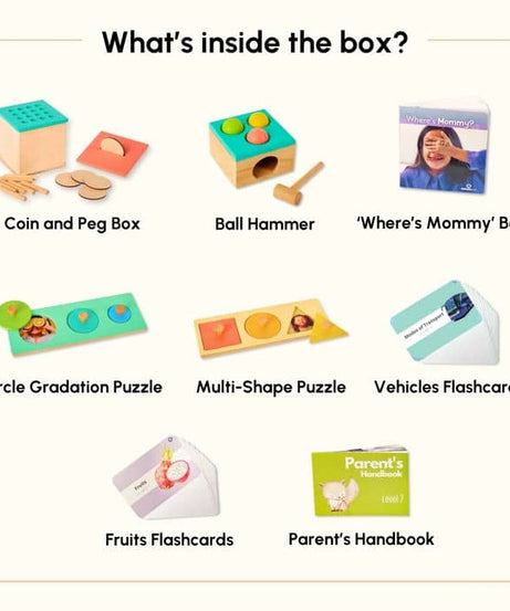 Curious Cub Level 7 Play & Learn Montessori Kit (13 Months+) | 8-Piece Educational Toy Set for Size Discrimination, Hand Strength & Vocabulary | minimee kids