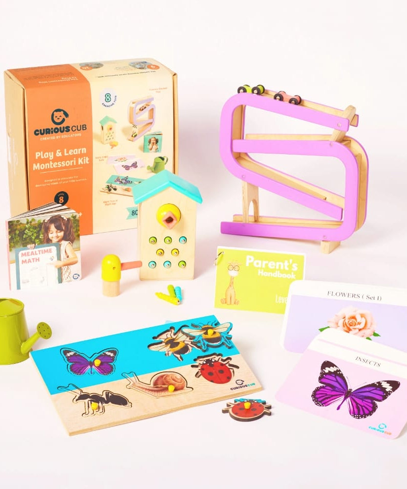 Curious Cub Level 8 Montessori Play & Learn Kit (16-18 Months) | Toddler Educational Set with Car Tracker & Magnetic Bird Feeder | minimee kids