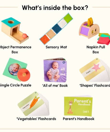 Curious Cub Level 4 Play & Learn Montessori Kit (7 Months+) | 8-Piece Developmental Toy Set for Object Permanence, Motor Skills & Sensory Exploration | minimee kids