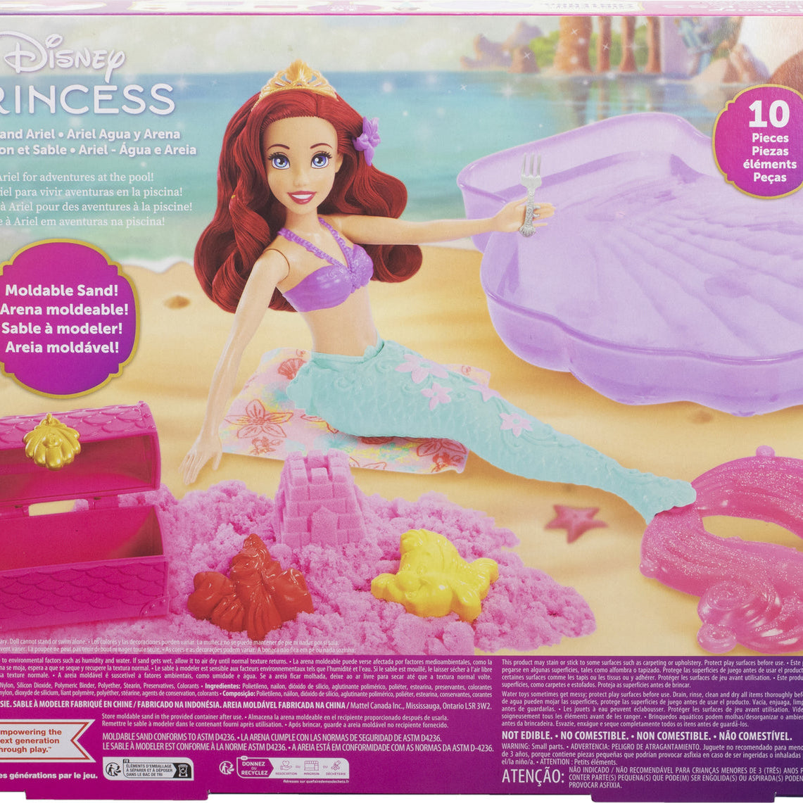 Disney Princess Swim and Sand Ariel Doll – Little Barbie Mermaid Toy with Shell Pool, Moldable Sand, Sand Molds & 5 Accessories for Kids 3+ Years