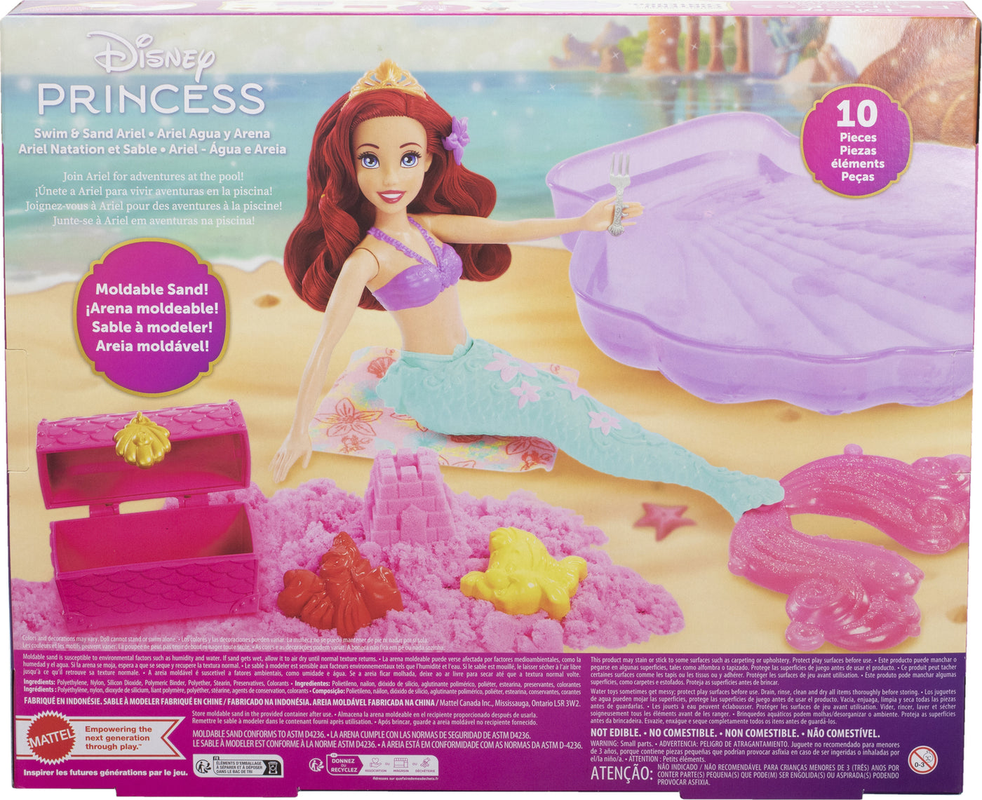 Disney Princess Swim and Sand Ariel Doll – Little Barbie Mermaid Toy with Shell Pool, Moldable Sand, Sand Molds & 5 Accessories for Kids 3+ Years