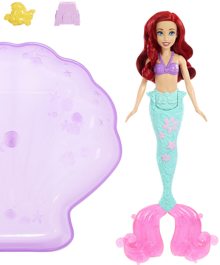 Disney Princess Swim and Sand Ariel Doll – Little Barbie Mermaid Toy with Shell Pool, Moldable Sand, Sand Molds & 5 Accessories for Kids 3+ Years