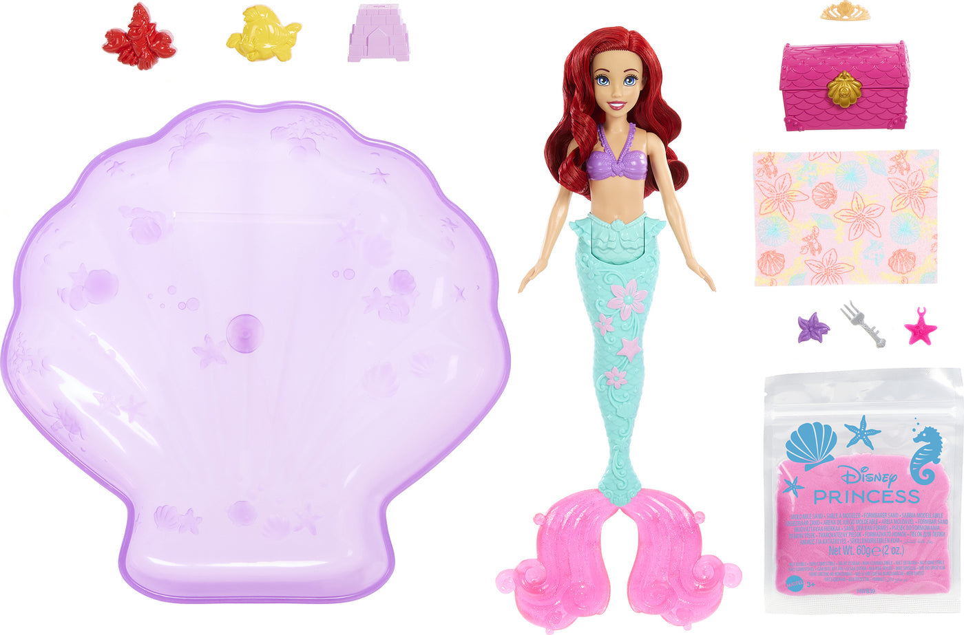 Disney Princess Swim and Sand Ariel Doll – Little Barbie Mermaid Toy with Shell Pool, Moldable Sand, Sand Molds & 5 Accessories for Kids 3+ Years