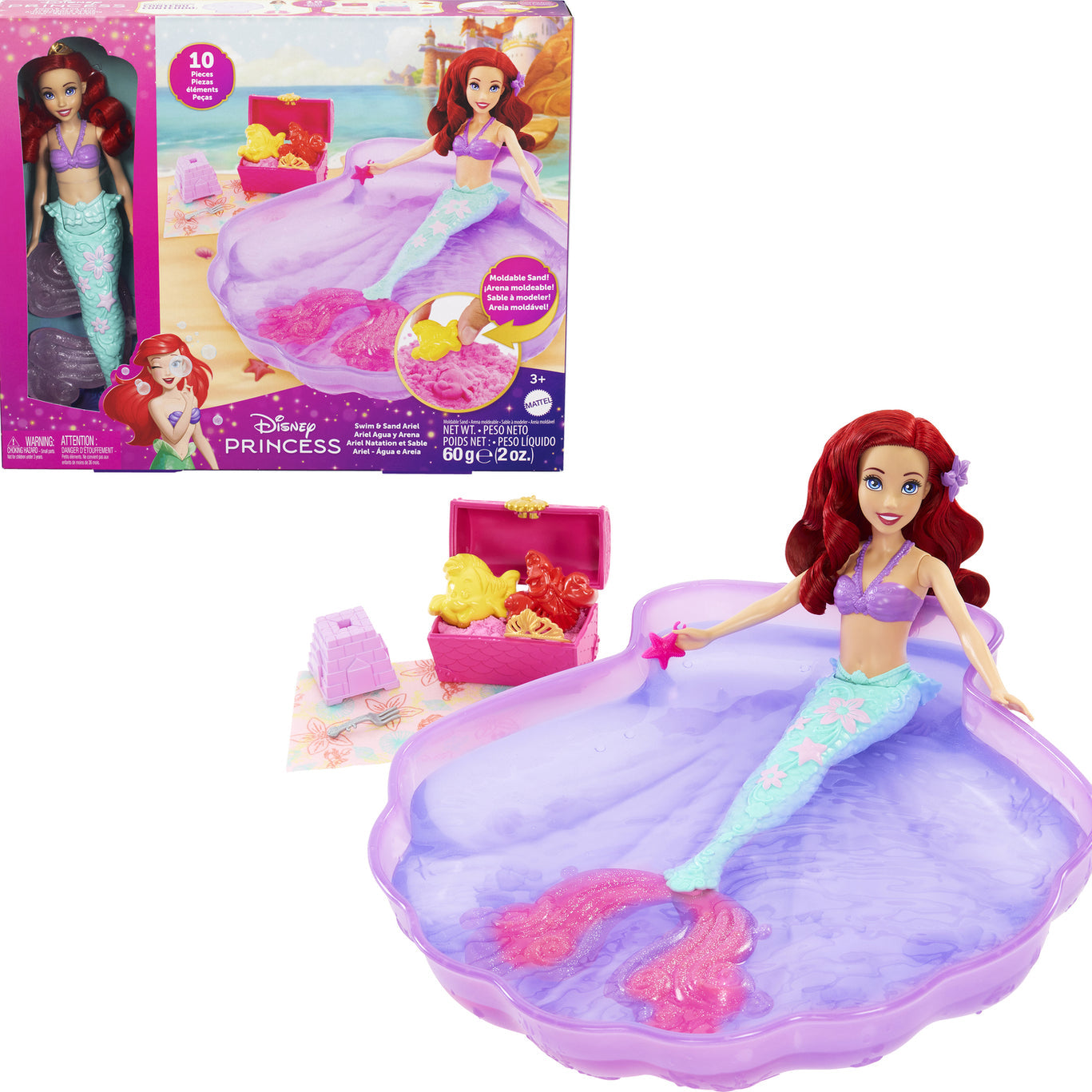 Disney Princess Swim and Sand Ariel Doll – Little Barbie Mermaid Toy with Shell Pool, Moldable Sand, Sand Molds & 5 Accessories for Kids 3+ Years