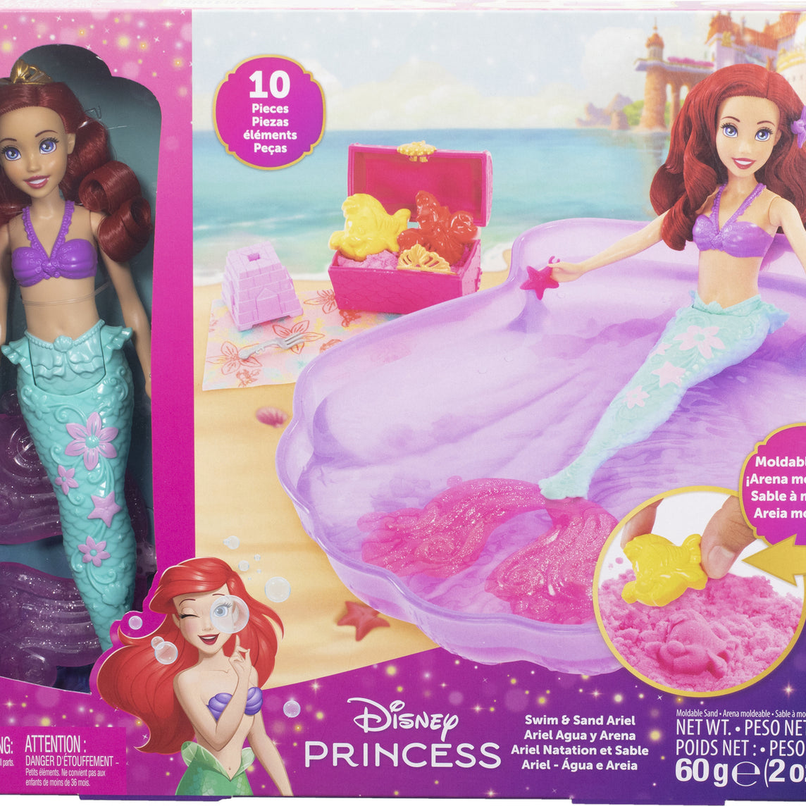 Disney Princess Sand and Swim Ariel Fashion Doll - Mermaid Doll with Shell-Shaped Pool, Moldable Sand, Sand Molds, and 5 Accessories, Inspired by The Little Mermaid