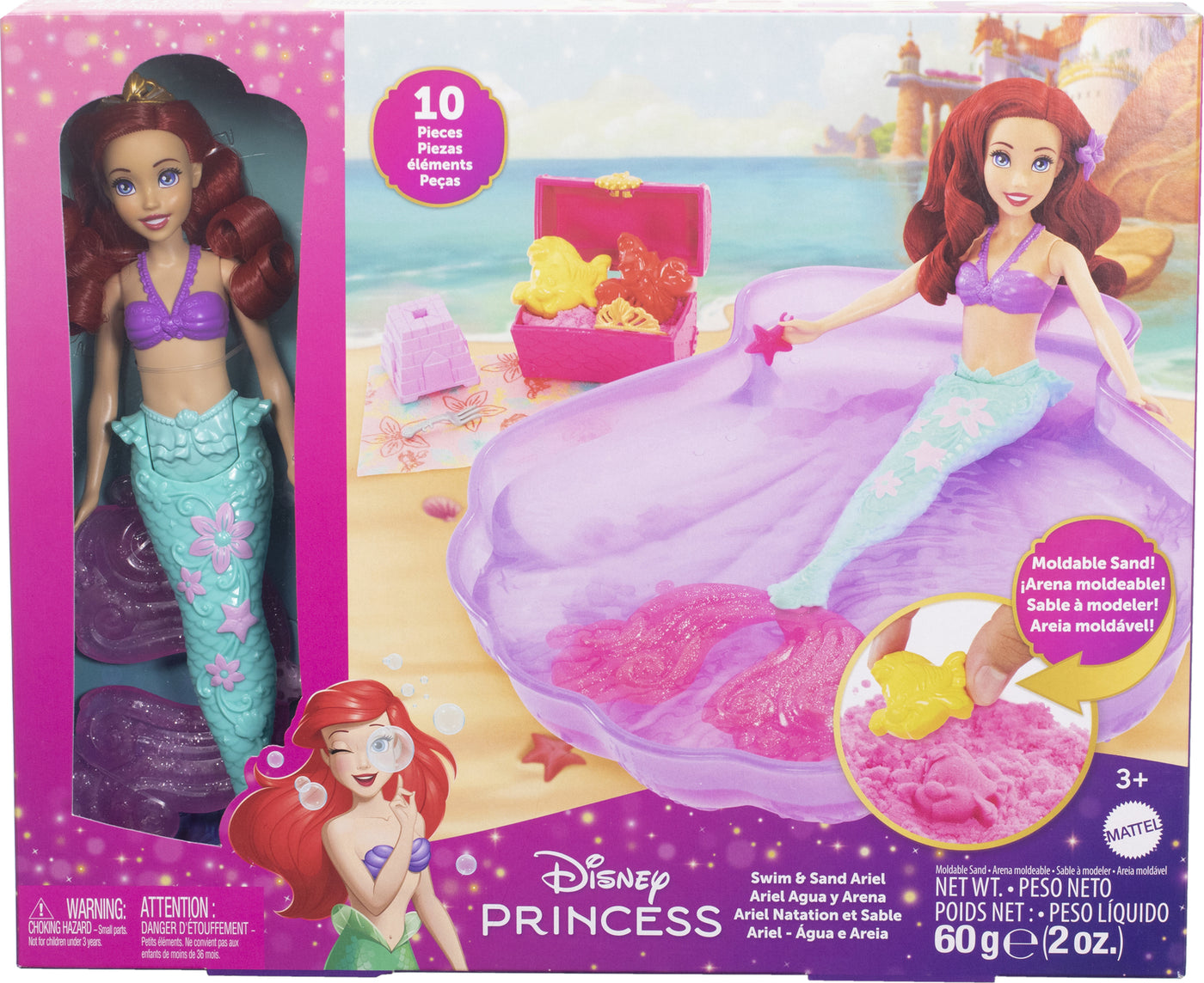 Disney Princess Sand and Swim Ariel Fashion Doll - Mermaid Doll with Shell-Shaped Pool, Moldable Sand, Sand Molds, and 5 Accessories, Inspired by The Little Mermaid