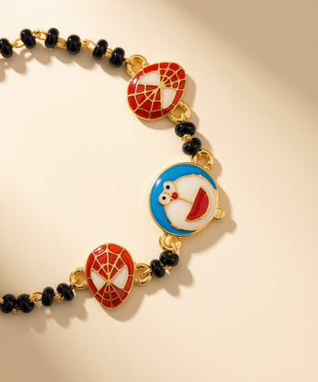 Doraemon & Spiderman Enamel Nazariya - Gold Plated 925 Sterling Silver Kids' Bracelet