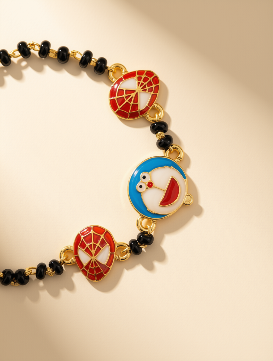 Doraemon & Spiderman Enamel Nazariya - Gold Plated 925 Sterling Silver Kids' Bracelet