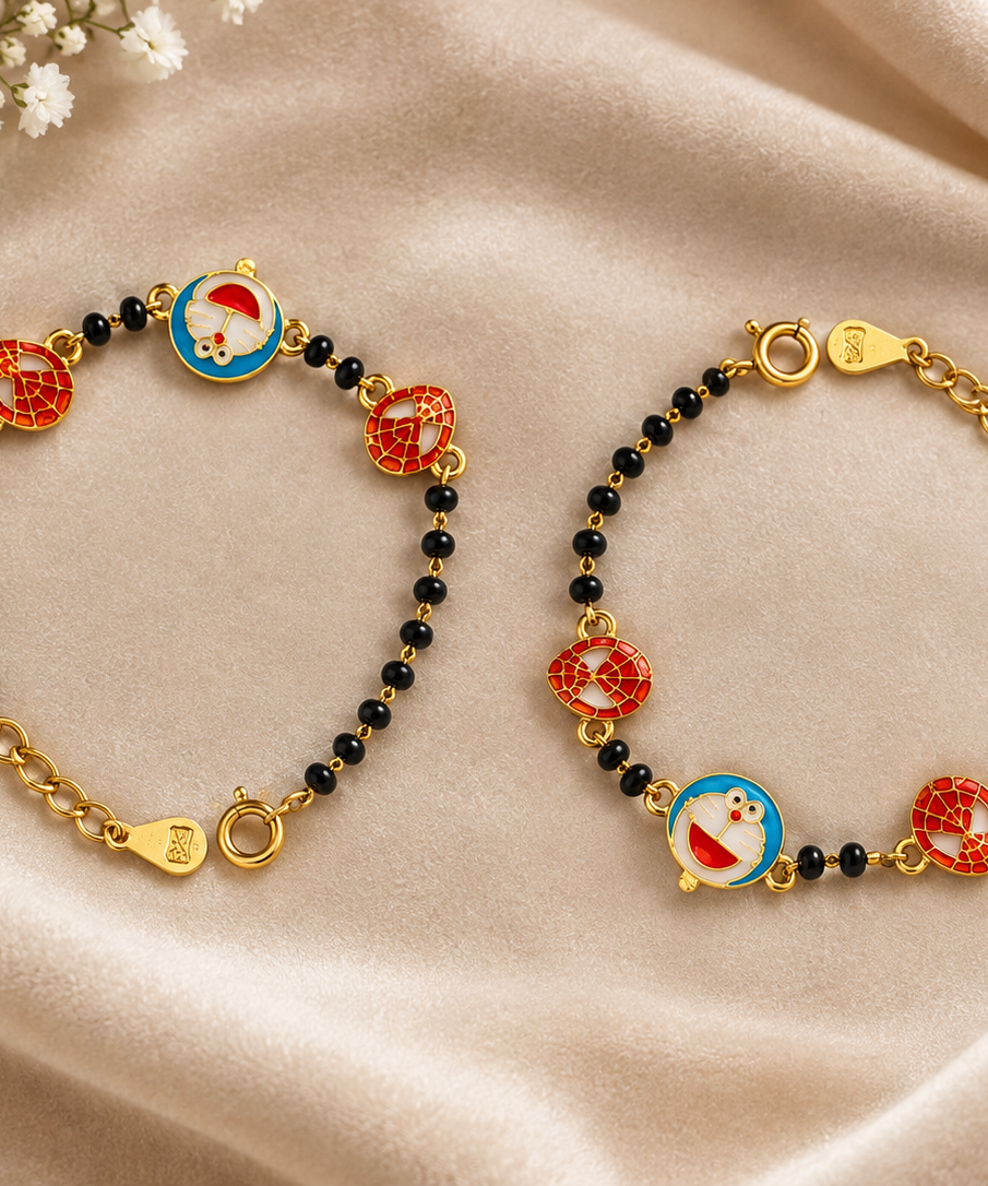 Doraemon & Spiderman Enamel Nazariya - Gold Plated 925 Sterling Silver Kids' Bracelet