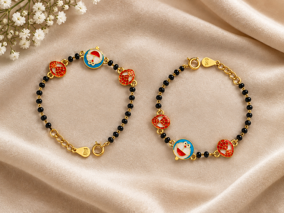 Doraemon & Spiderman Enamel Nazariya - Gold Plated 925 Sterling Silver Kids' Bracelet