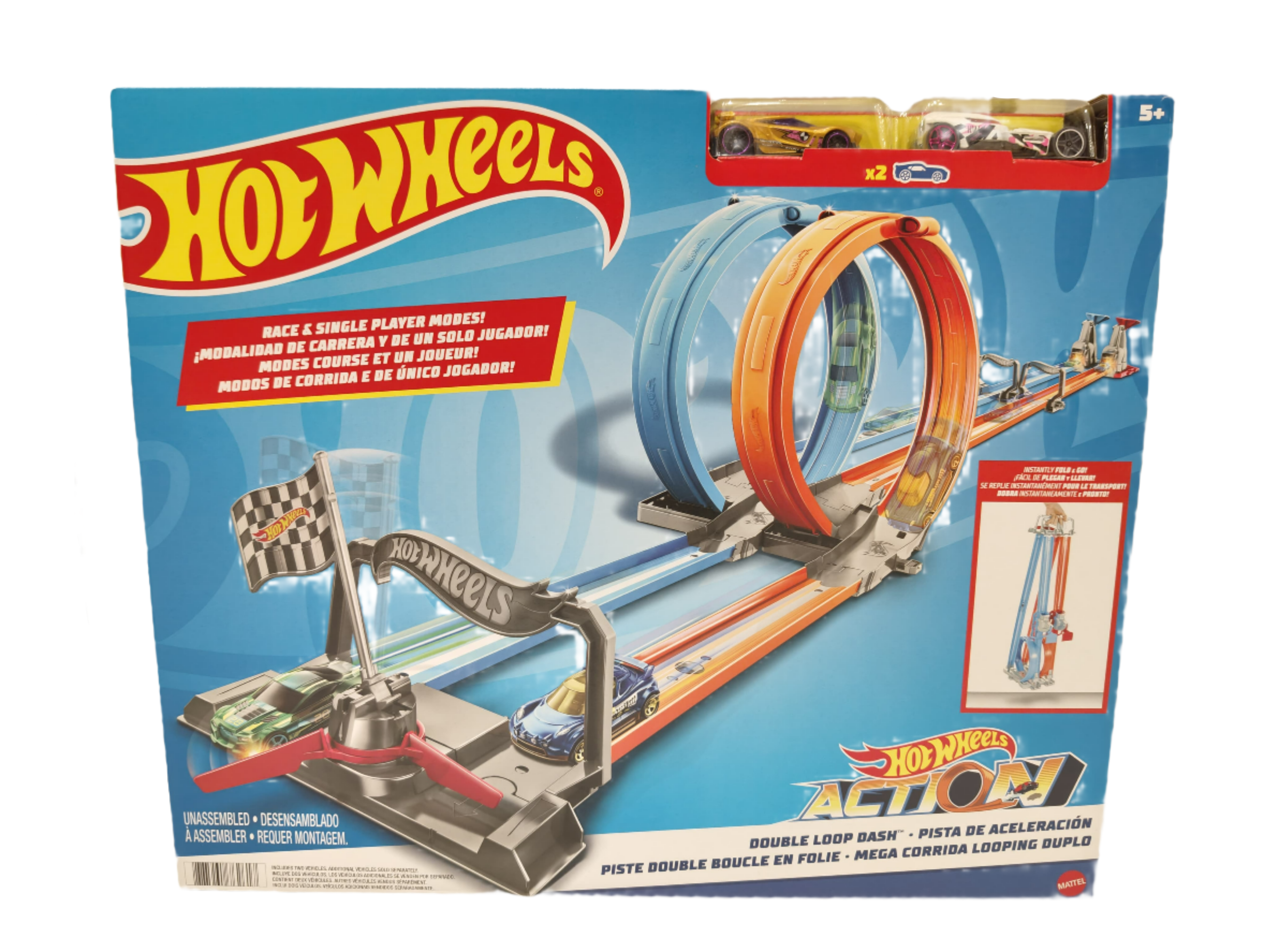 Hot Wheels Action Dual Loop Dash Track Set With 2 Loops and 2 Cars - Head to Head Drag Race Unassembled for 5+ Years