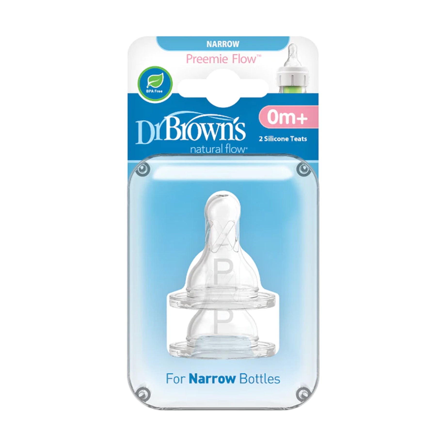 Dr.Brown's Natural Flow Preemie Flow Silicone Nipple for Narrow Neck Bottles | Pack of 2 Teats