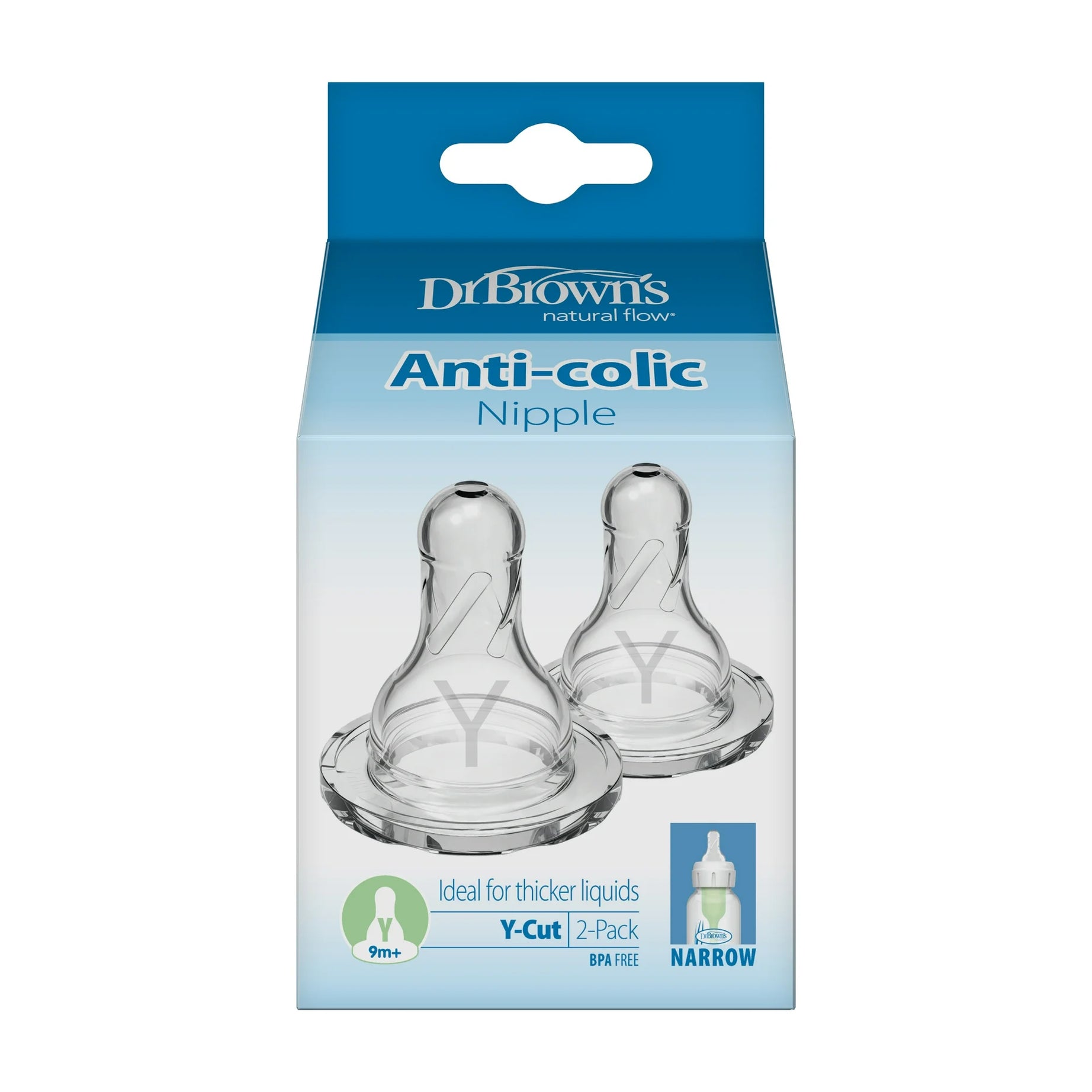 Dr. Brown's Natural Flow Anti-Colic | Y-Cut Narrow Baby Bottle Silicone Nipple | Ideal for Thicker Liquids | 9m+ | 100% Silicone | 2-Pack