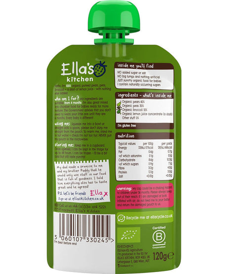 Ella’s Kitchen Pears, Peas & Broccoli – Organic Super Smooth Baby Puree for 4+ Months – 120g Pouch – No Added Sugar, Salt, or Water – Naturally Sweet & Gluten-Free - MINIMEE KIDS