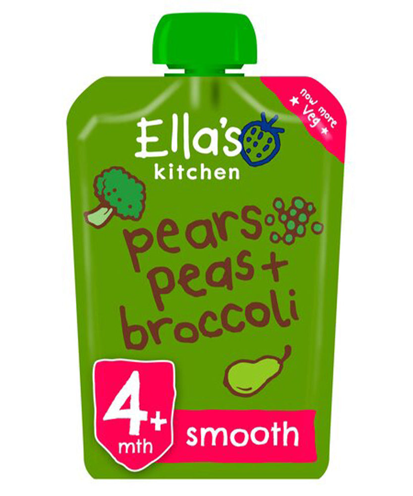 Ella’s Kitchen Pears, Peas & Broccoli – Organic Super Smooth Baby Puree for 4+ Months – 120g Pouch – No Added Sugar, Salt, or Water – Naturally Sweet & Gluten-Free - MINIMEE KIDS