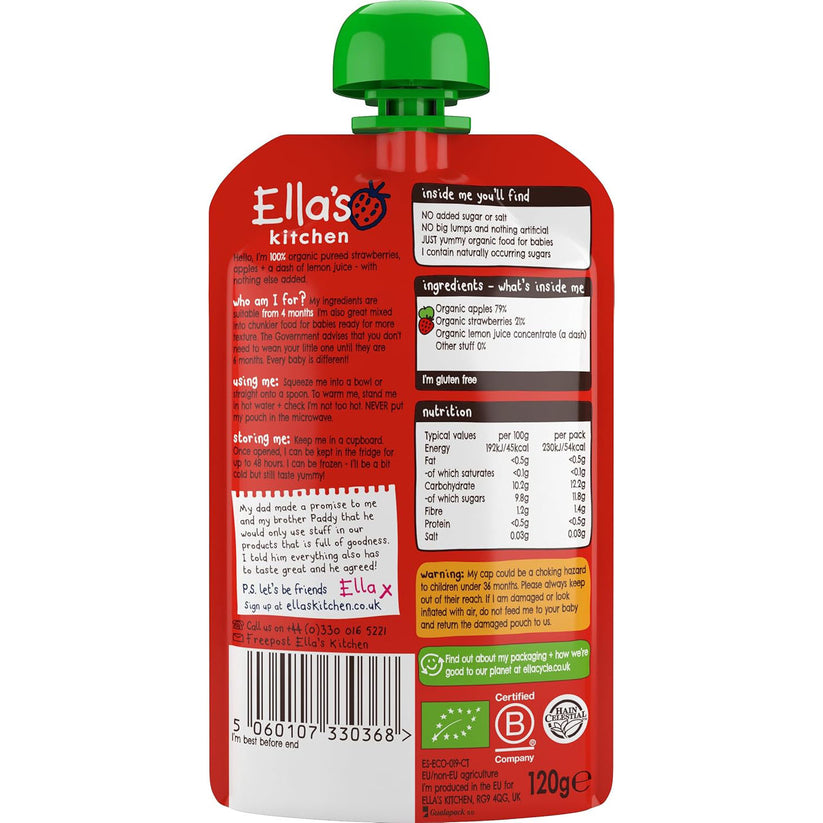 Ella’s Kitchen Organic Strawberries & Apples – Super Smooth Organic Puree for Babies 4+ Months – 120g Pouch – No Added Sugar, Salt, or Water – Naturally Sweet & Gluten-Free