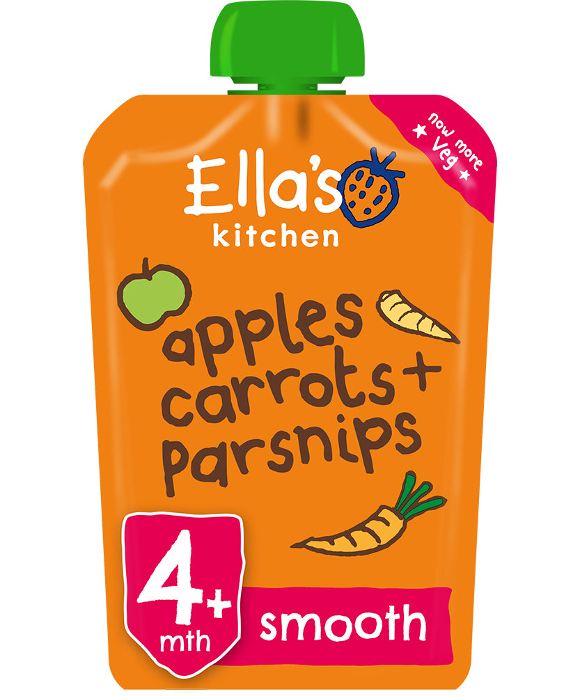 Ella’s Kitchen Apples, Carrots & Parsnips – Organic Super Smooth Puree for Babies 4+ Months – 120g Pouch – No Added Sugar, Salt, or Water – Naturally Sweet & Gluten-Free - MINIMEE KIDS