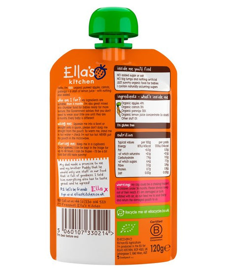 Ella’s Kitchen Apples, Carrots & Parsnips – Organic Super Smooth Puree for Babies 4+ Months – 120g Pouch – No Added Sugar, Salt, or Water – Naturally Sweet & Gluten-Free - MINIMEE KIDS