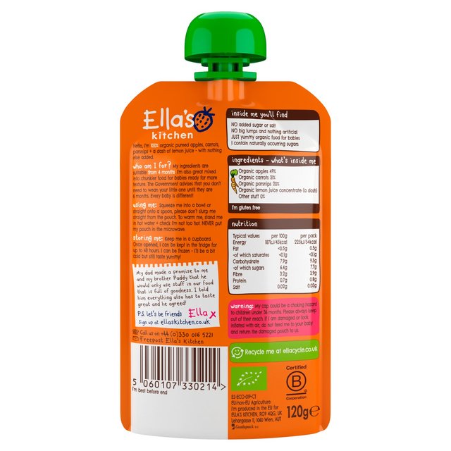 Ella’s Kitchen Apples, Carrots & Parsnips – Organic Super Smooth Puree for Babies 4+ Months – 120g Pouch – No Added Sugar, Salt, or Water – Naturally Sweet & Gluten-Free