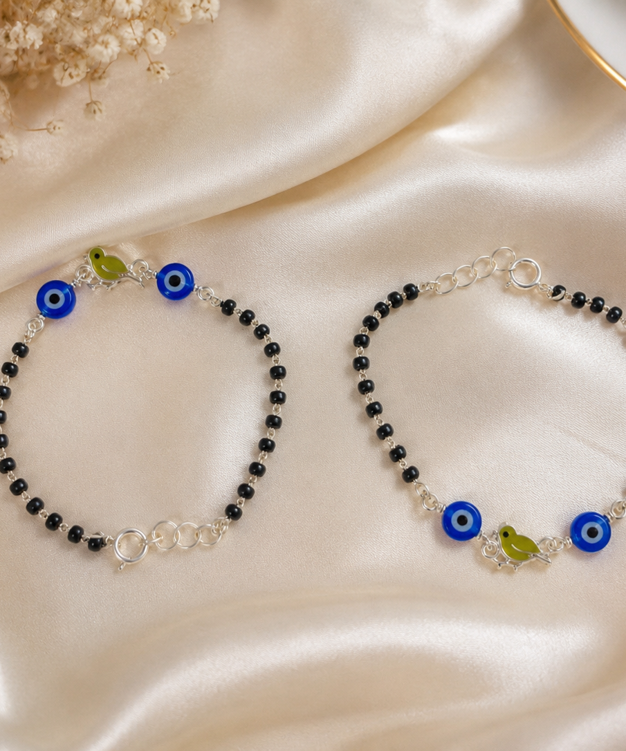 Protective Evil Eye & Bird Enamel Nazariya - 925 Sterling Silver Kids' Bracelet (Pair)
