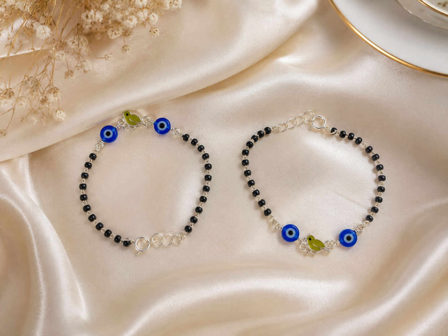 Protective Evil Eye & Bird Enamel Nazariya - 925 Sterling Silver Kids' Bracelet (Pair)