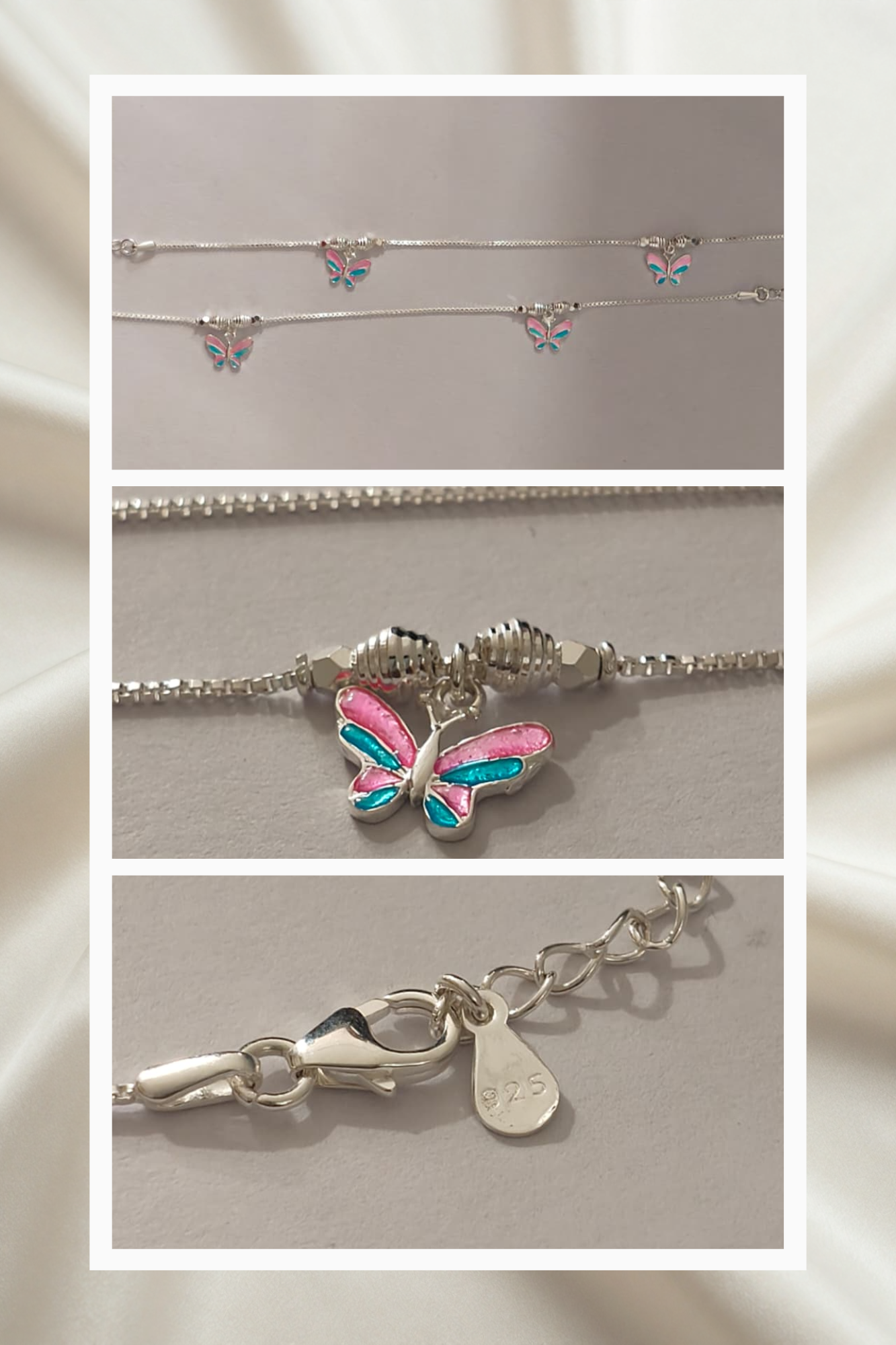 Butterfly Enamel 925 Sterling Silver Baby Anklets | Handcrafted Pink & Teal Payal for Infants & Toddlers | Hallmarked Jewelry | Set of 2