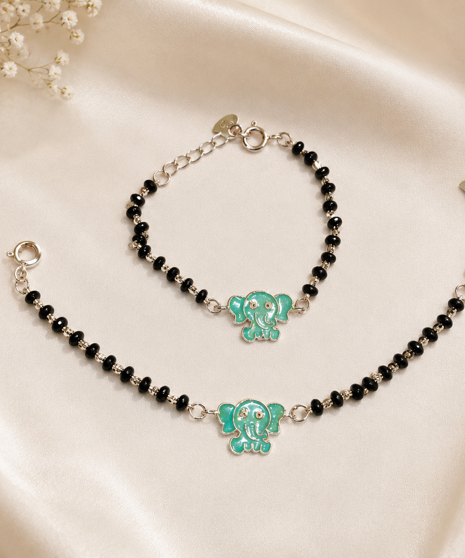Teal Elephant Enamel Baby Nazariya in Hallmarked Silver | Set of 2 | Protective Black Bead Bracelets for Infants & Toddlers