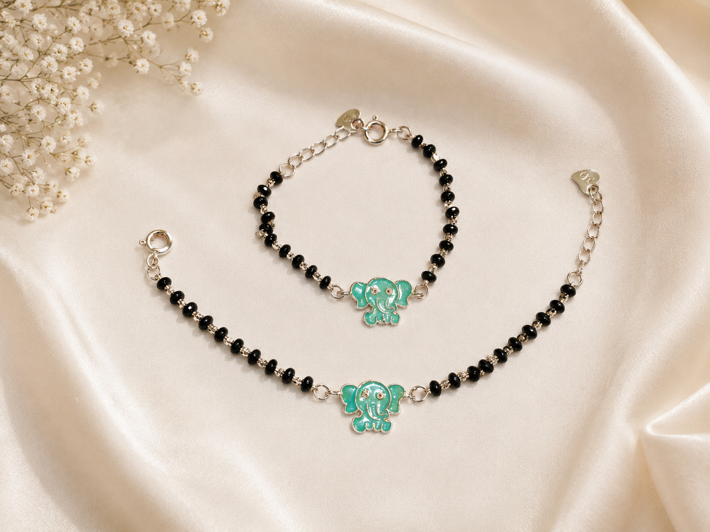 Teal Elephant Enamel Baby Nazariya in Hallmarked Silver | Set of 2 | Protective Black Bead Bracelets for Infants & Toddlers