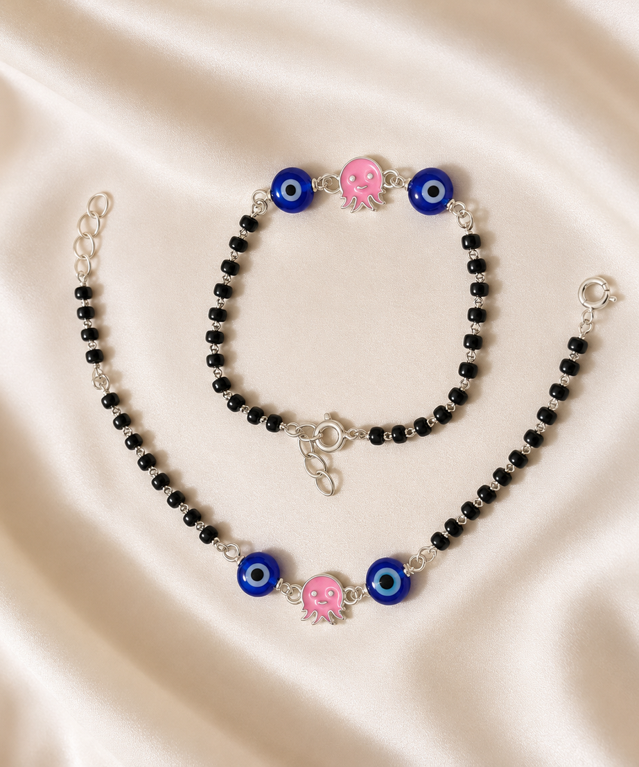 Pink Octopus & Blue Evil Eye Silver Baby Nazariya | 925 Hallmarked Silver Protective Bracelets | Adjustable Kids Jewelry | Set of 2