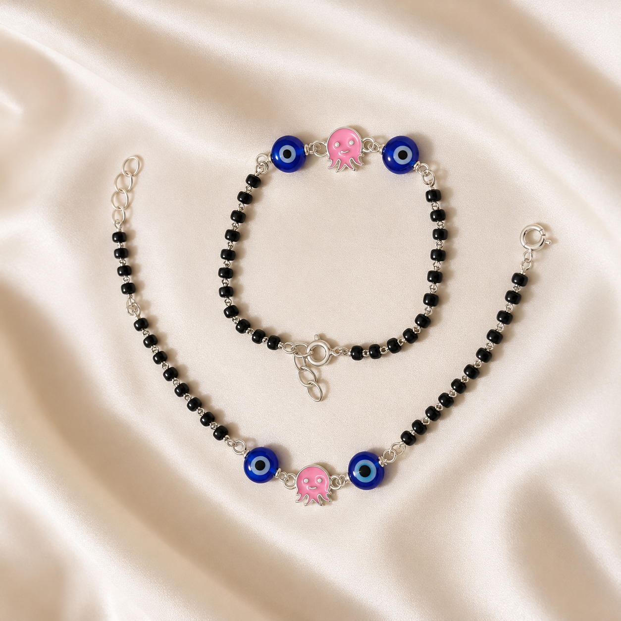 Pink Octopus & Blue Evil Eye Silver Baby Nazariya | 925 Hallmarked Silver Protective Bracelets | Adjustable Kids Jewelry | Set of 2