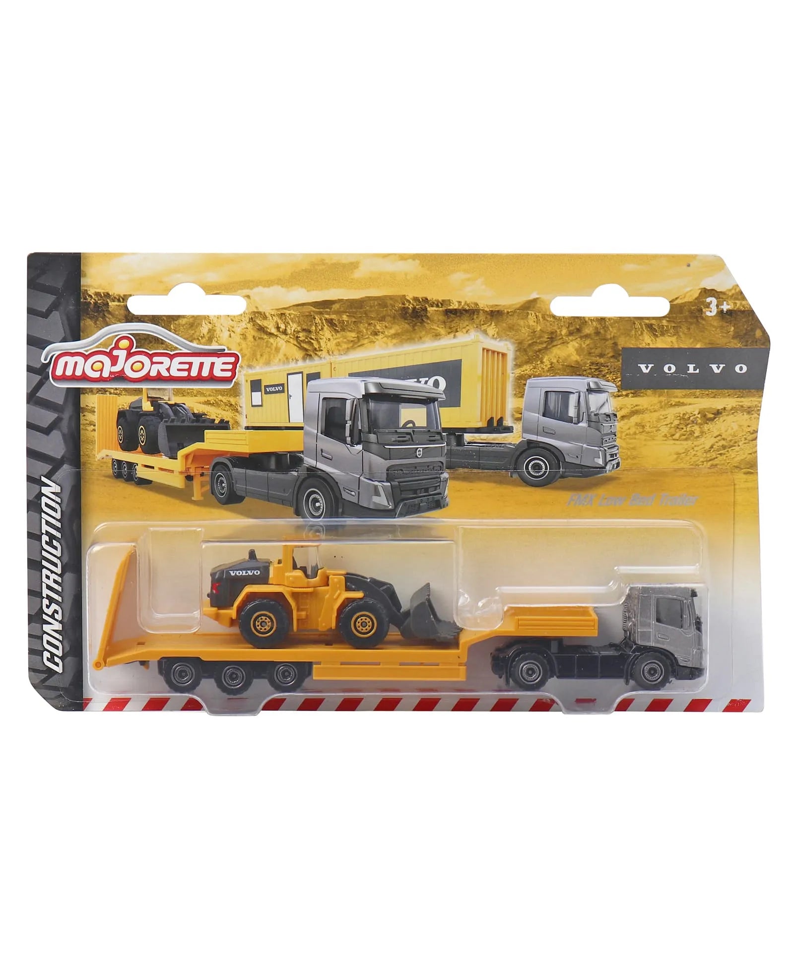 Majorette Volvo Construction Series Die-Cast Trucks 3 Variants - FMX Construction Container, FMX Low Bed Trailer, FMX Show Truck | Realistic Detailing, Durable Build, Ideal for Kids & Collectors | Premium Construction Vehicles for Ages 3+