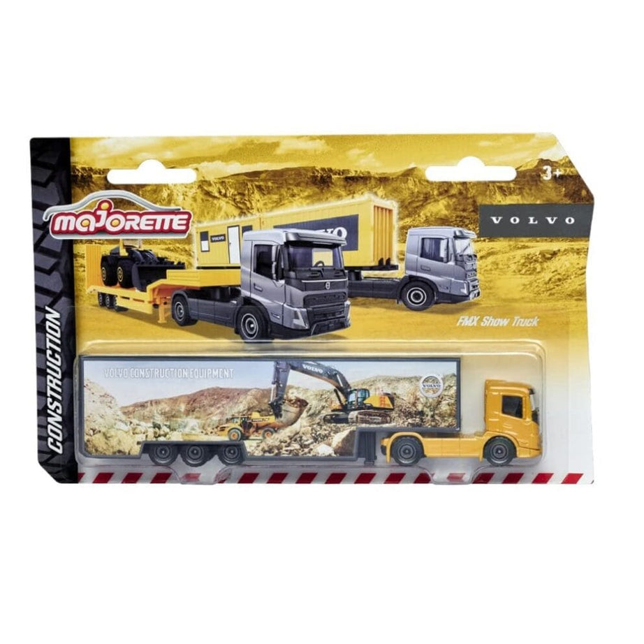 Majorette Volvo Construction Series Die-Cast Trucks 3 Variants - FMX Construction Container, FMX Low Bed Trailer, FMX Show Truck | Realistic Detailing, Durable Build, Ideal for Kids & Collectors | Premium Construction Vehicles for Ages 3+