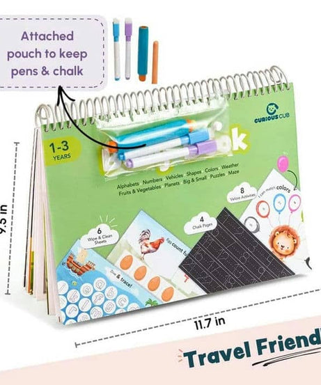 Curious Cub First Busy Book for Toddlers 1–3 Years | Montessori-Inspired Reusable Activity Book with 7 Wipe & Clean Sheets, 2 Chalk Pages, 7 Velcro Activities & 2 Markers | Early Learning & Travel-Friendly Toy - MINIMEE KIDS
