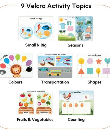 Curious Cub First Busy Book for Toddlers 1–3 Years | Montessori-Inspired Reusable Activity Book with 7 Wipe & Clean Sheets, 2 Chalk Pages, 7 Velcro Activities & 2 Markers | Early Learning & Travel-Friendly Toy - MINIMEE KIDS